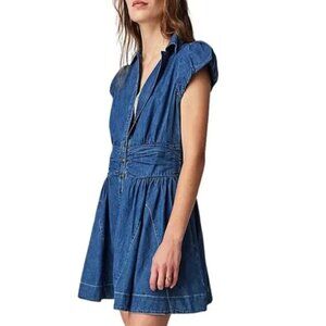 Free People Chester Mini Dress XS Montauk‎ Blue Denim Puff Sleeve Ruched